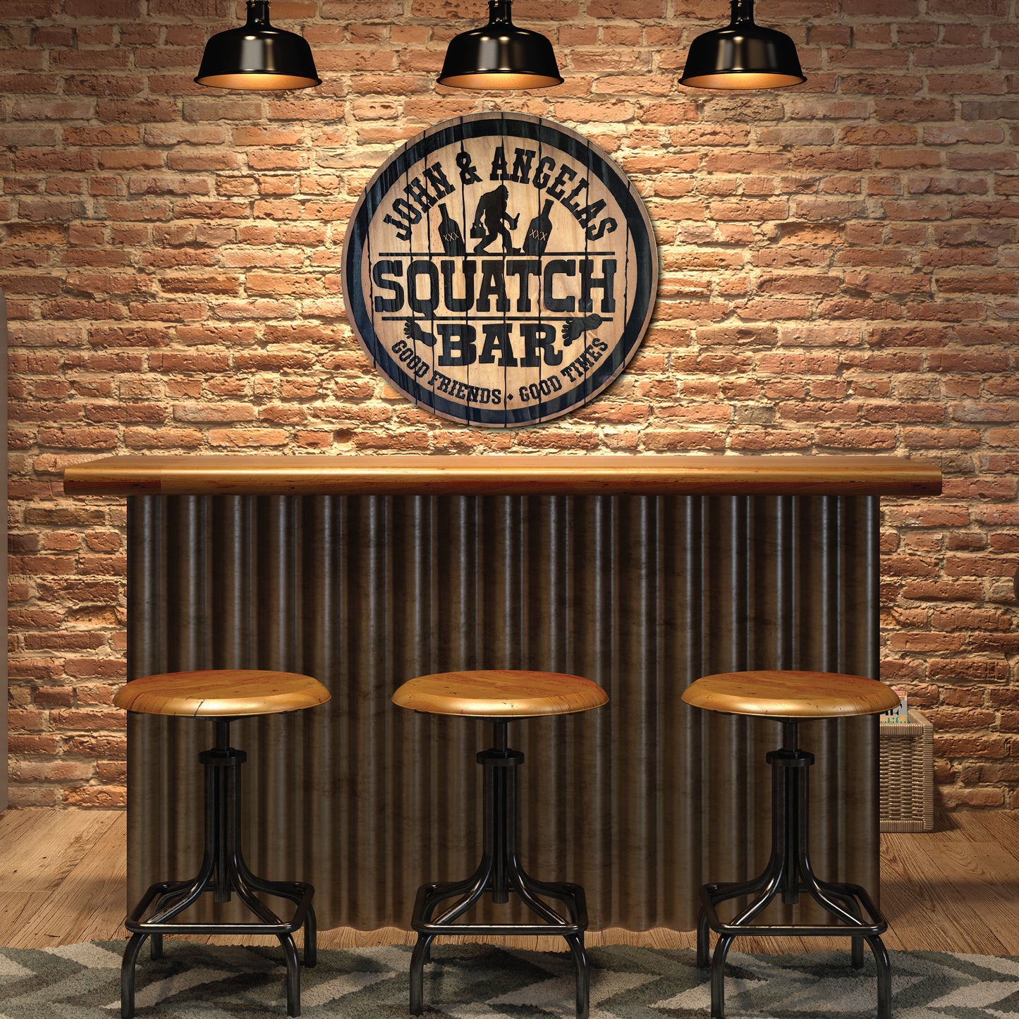 Personalized Squatch Bar Bigfoot Whiskey/Bourbon Barrel Lid Style Sign