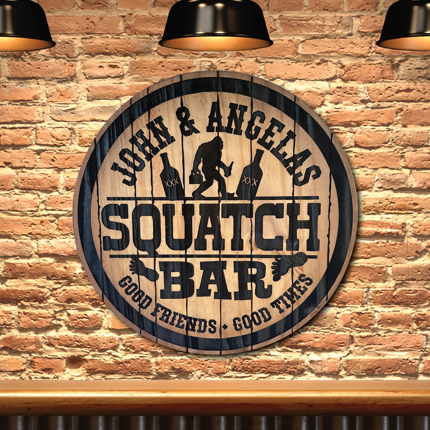 Personalized Squatch Bar Bigfoot Whiskey/Bourbon Barrel Lid Style Sign