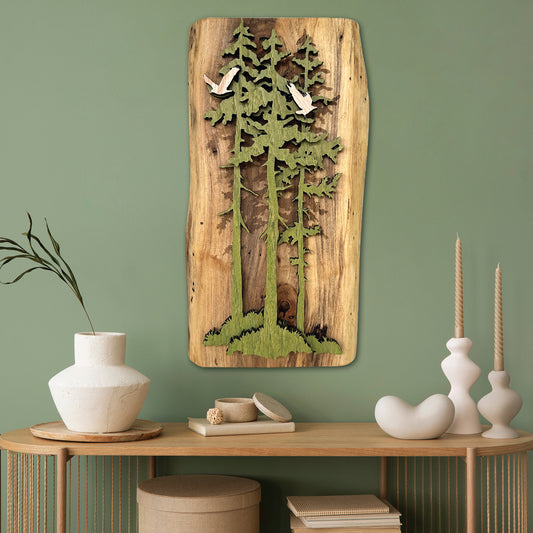 Three Dimensional Tall Pines Scene on Ambrosia Maple - Rustic Wall Art