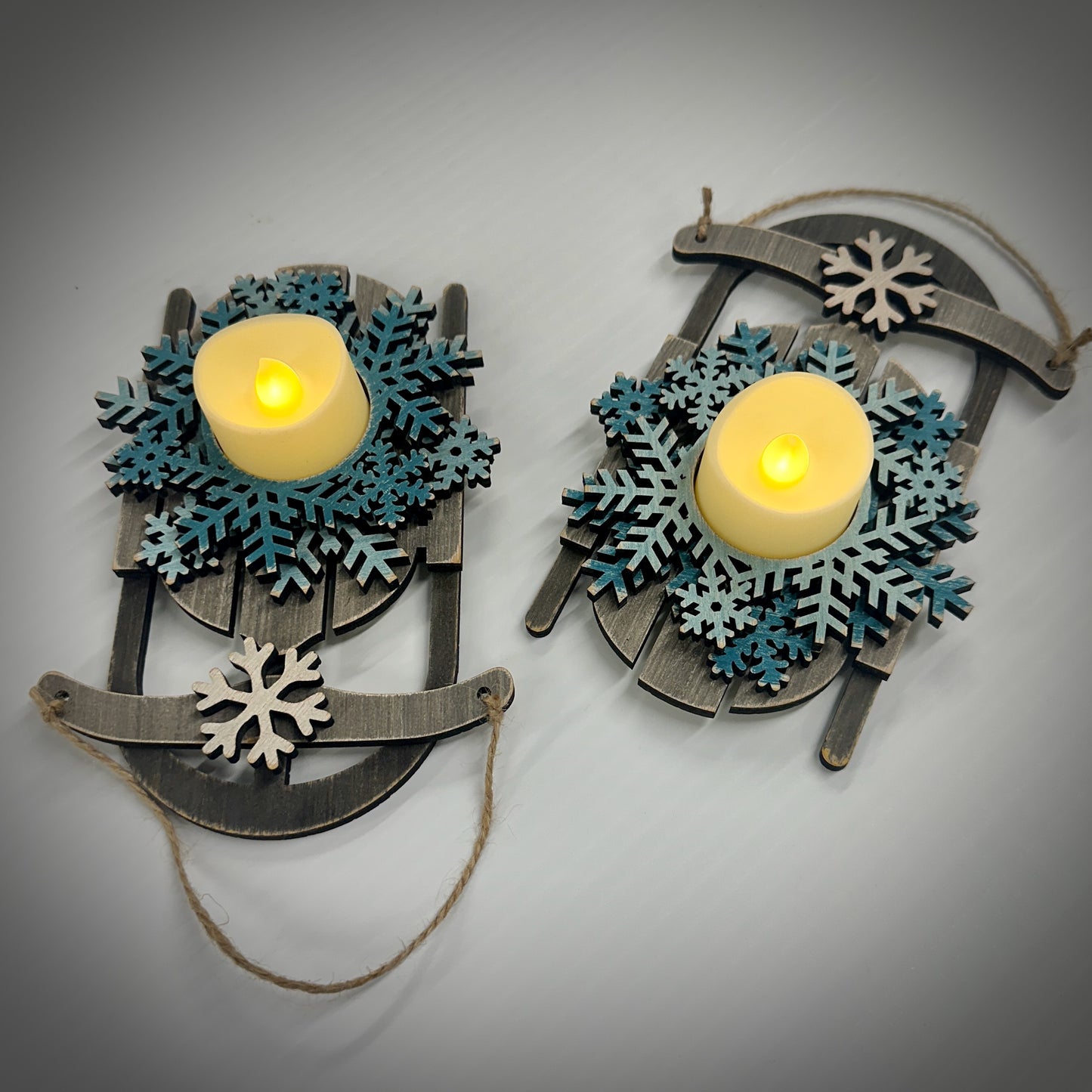 Rustic Christmas Sled candle holder with Realistic LED Candle