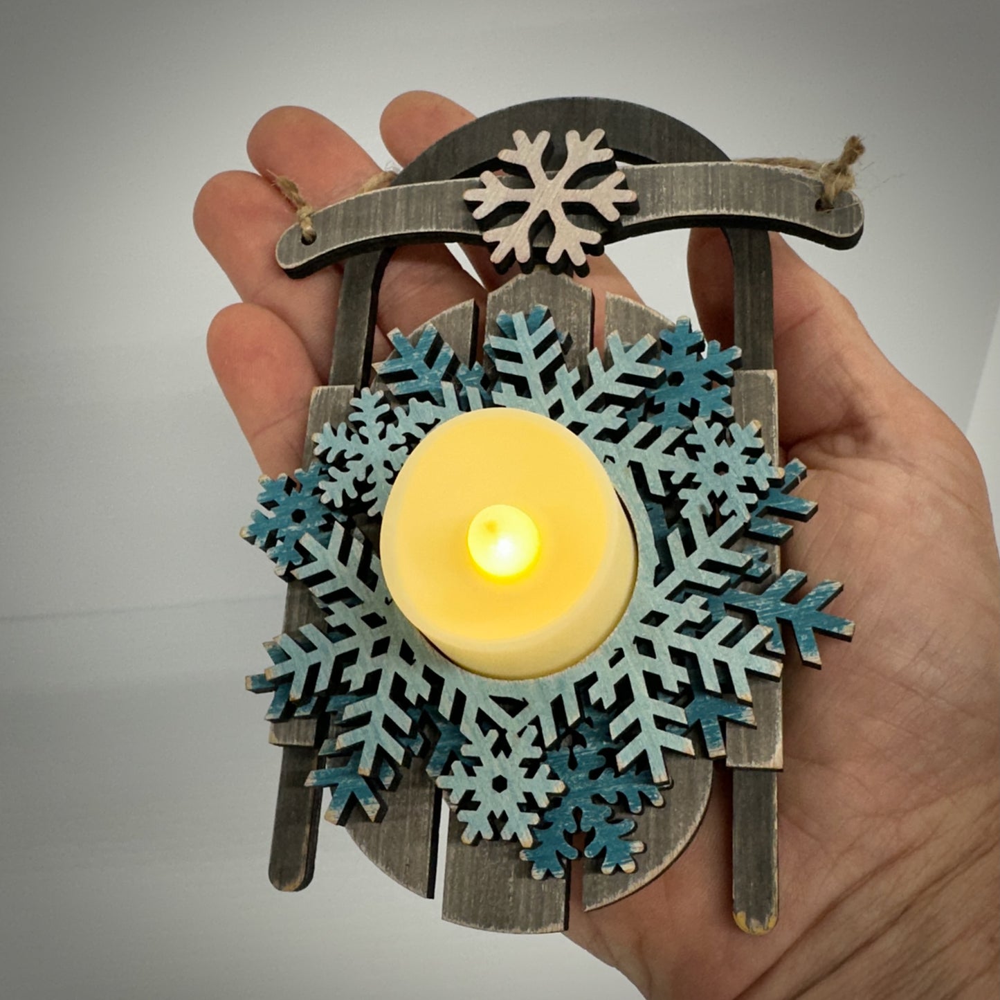 Rustic Christmas Sled candle holder with Realistic LED Candle