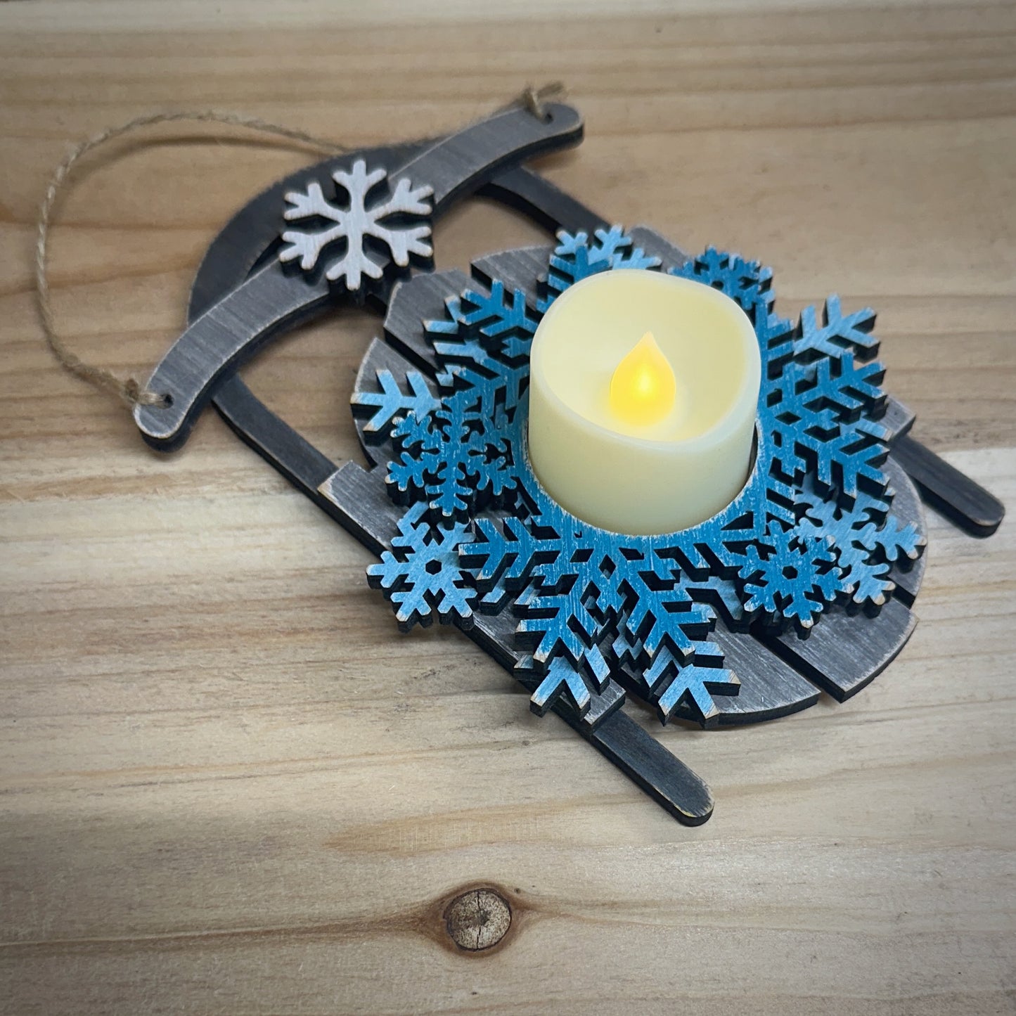 Rustic Christmas Sled candle holder with Realistic LED Candle