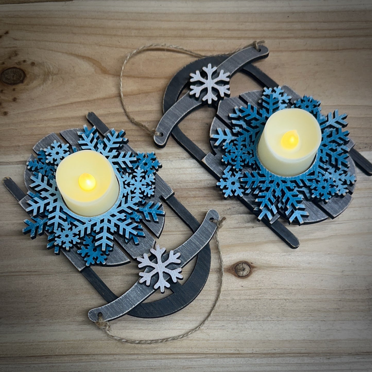 Rustic Christmas Sled candle holder with Realistic LED Candle