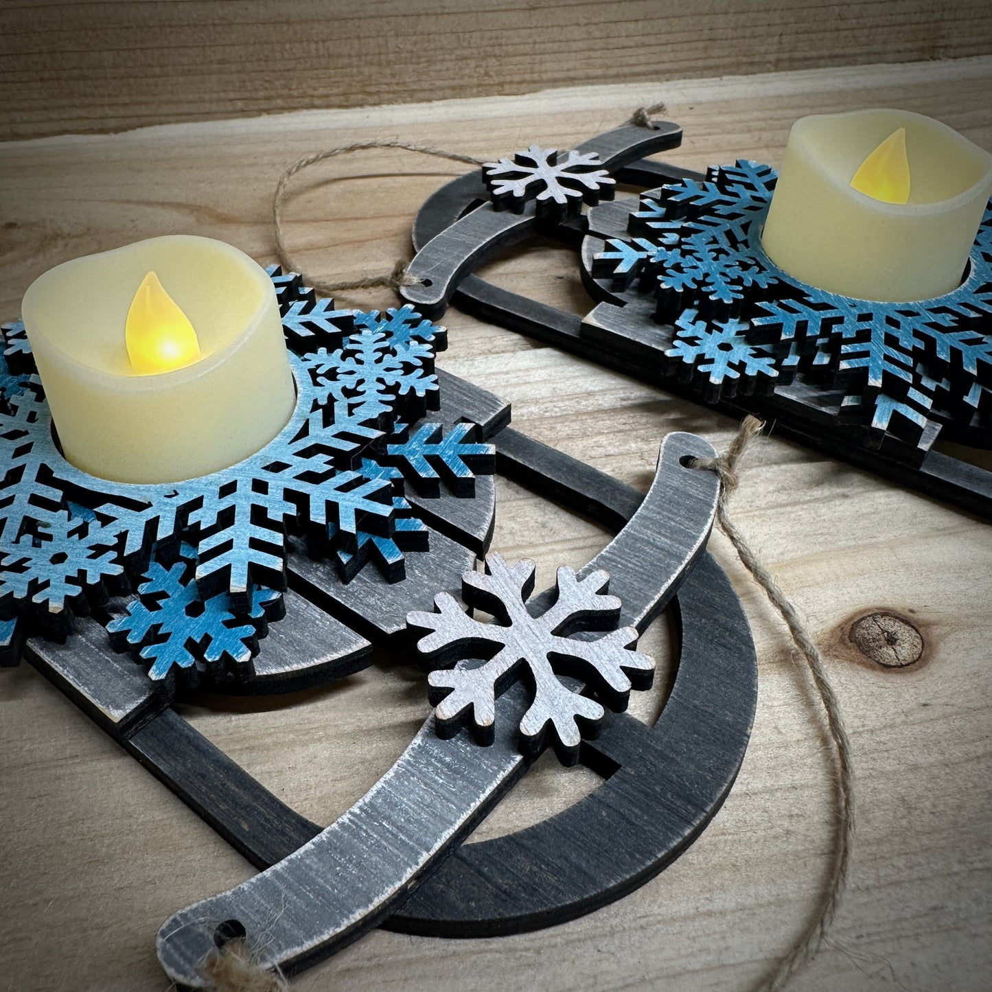 Rustic Christmas Sled candle holder with Realistic LED Candle