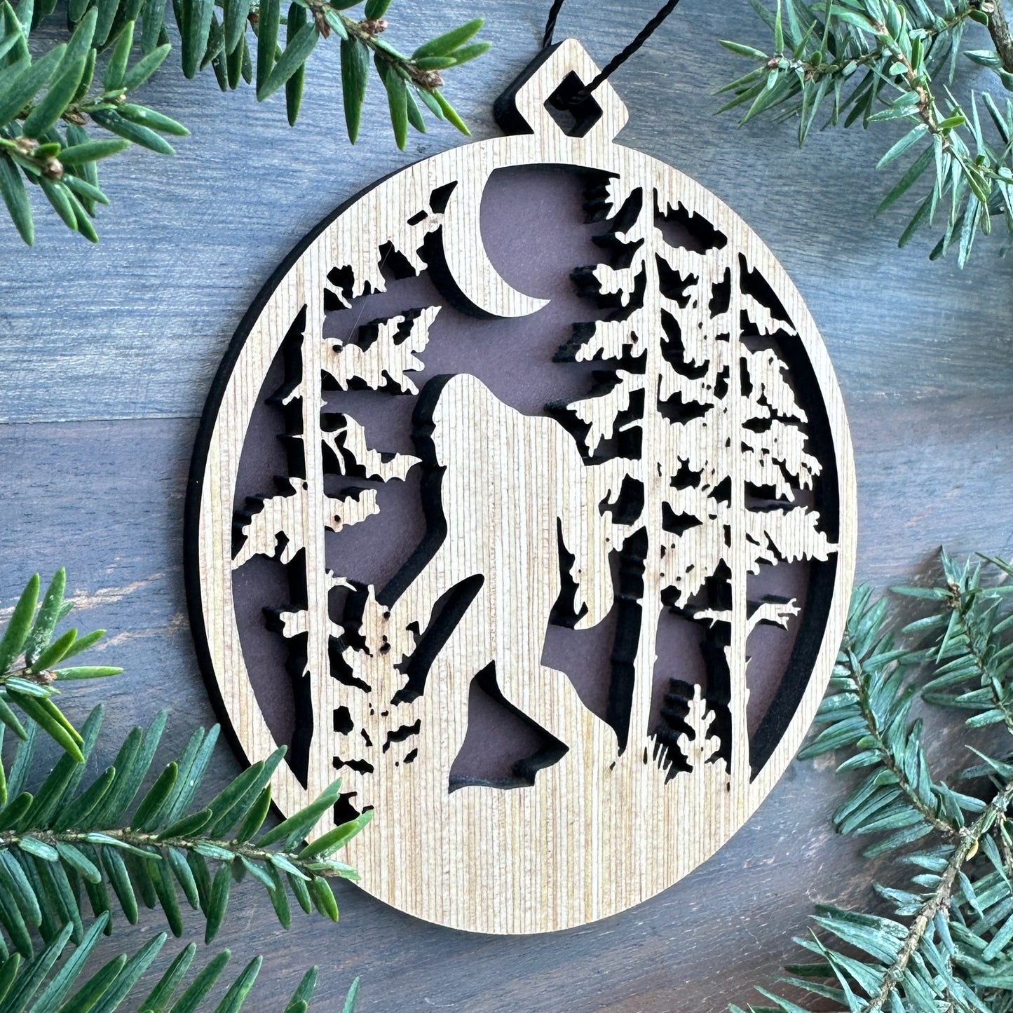Bigfoot Forest Scene Wood Ornament with Name