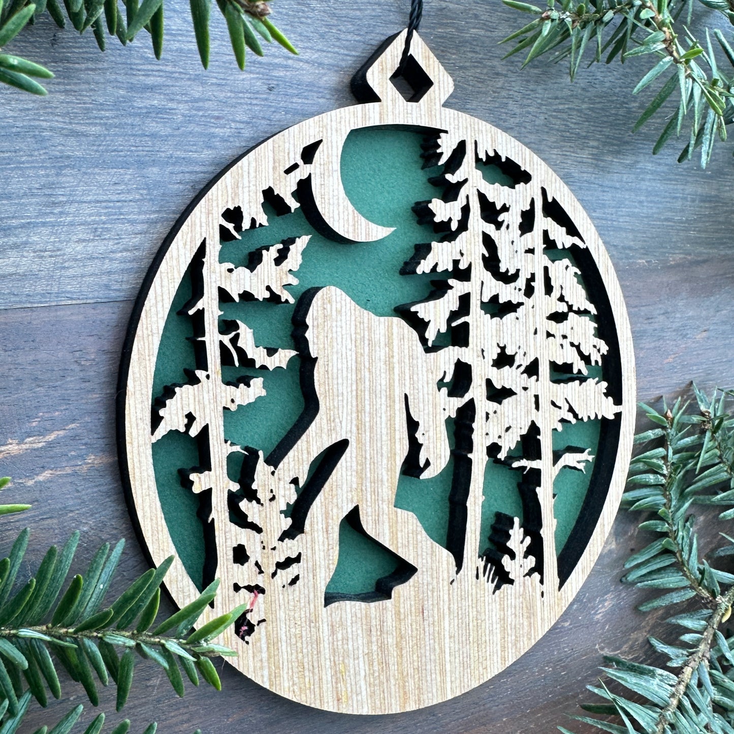Bigfoot Forest Scene Wood Ornament with Name