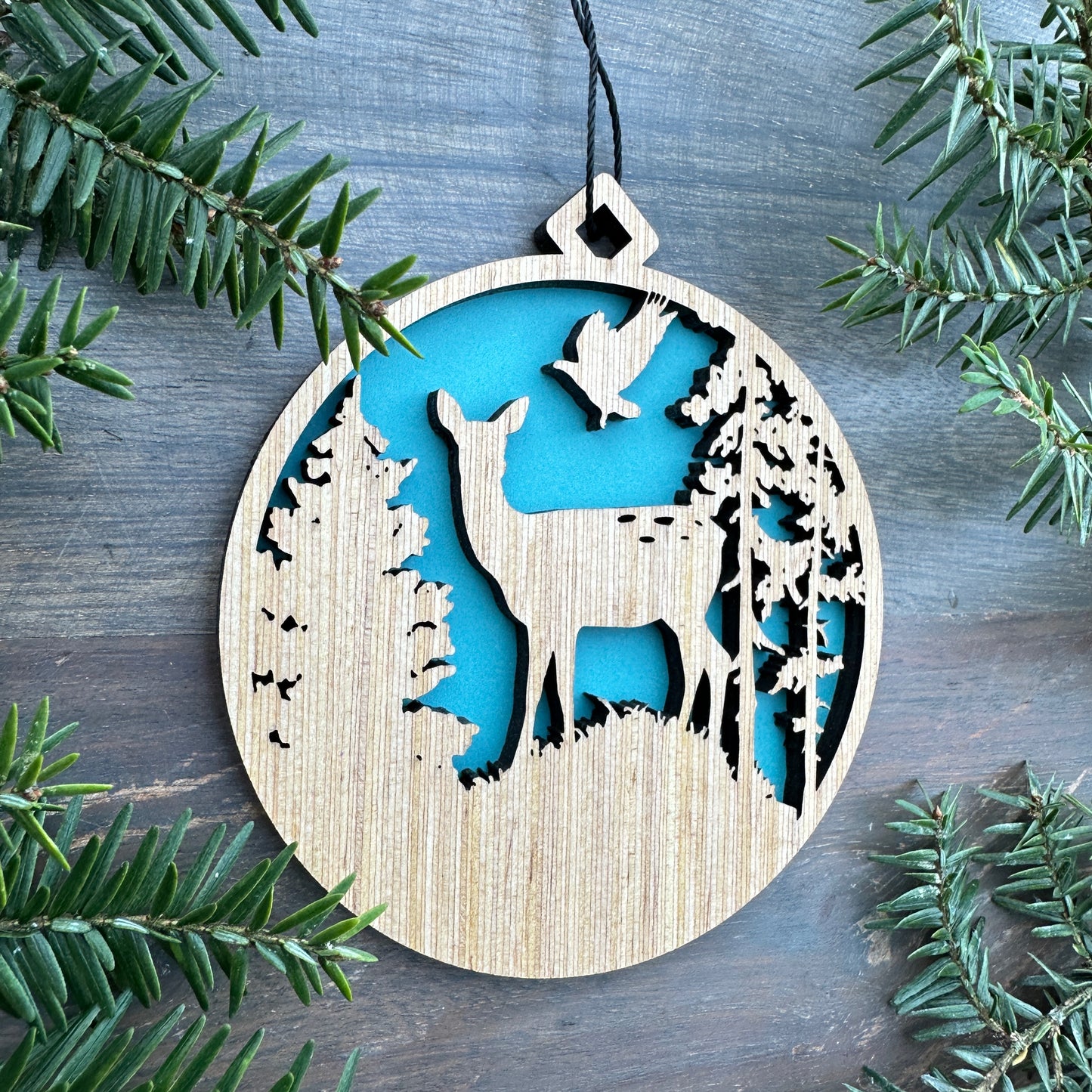 Doe Forest Scene Wood Ornament with Name