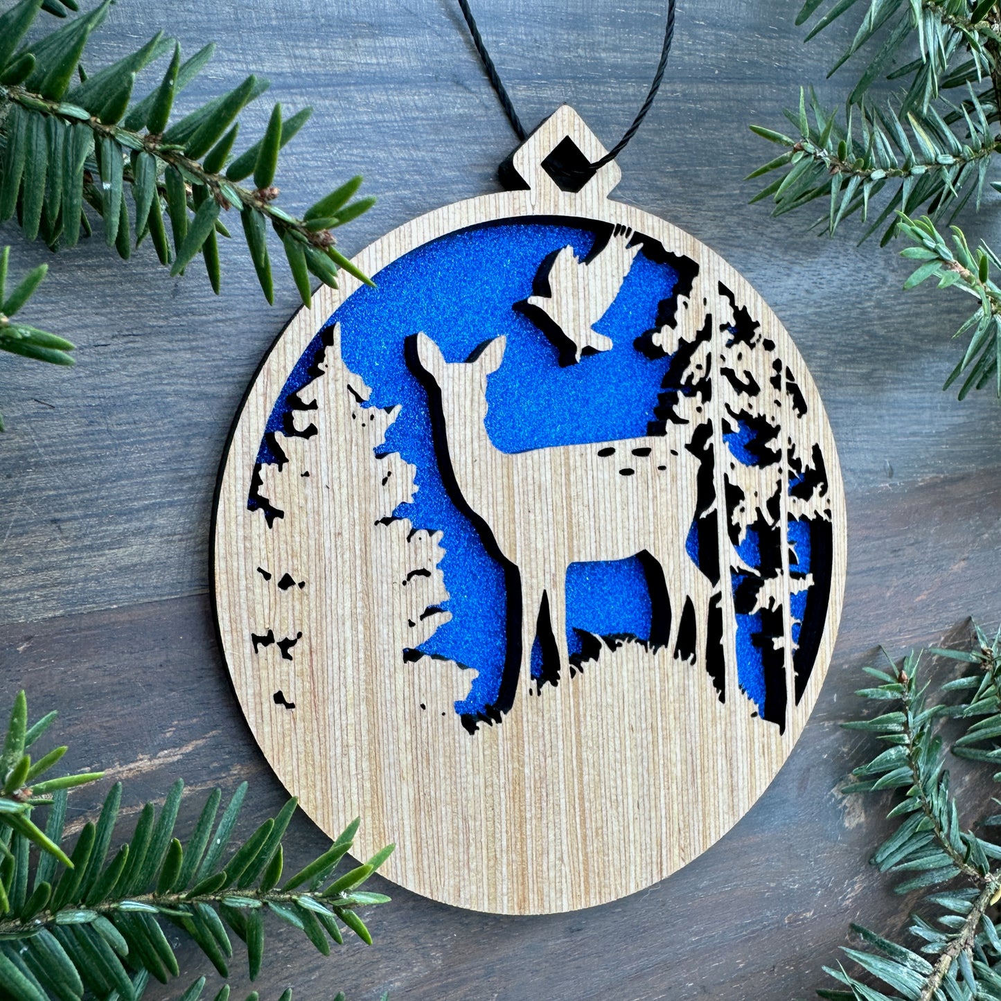 Doe Forest Scene Wood Ornament with Name