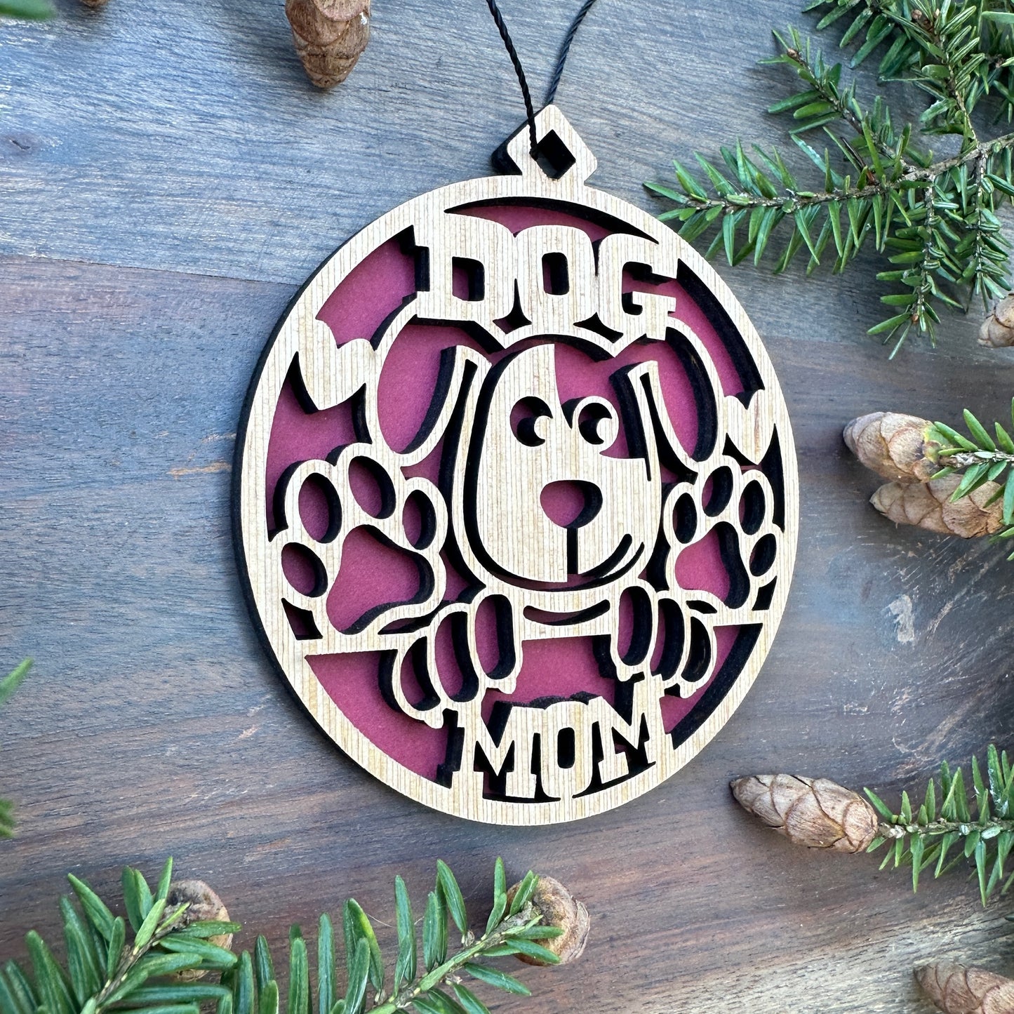 Dog Mom Wood Ornament - 7 Colors - 2 Sizes