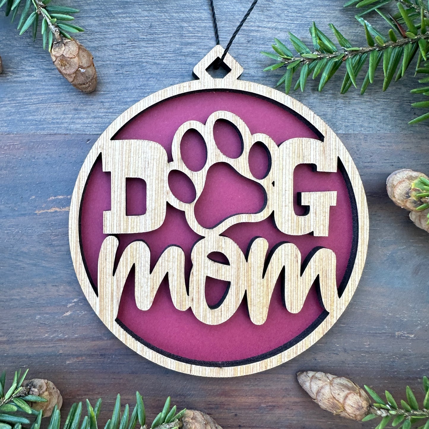 Dod Mom with Paw Wood Ornament - 7 Colors - 2 Sizes