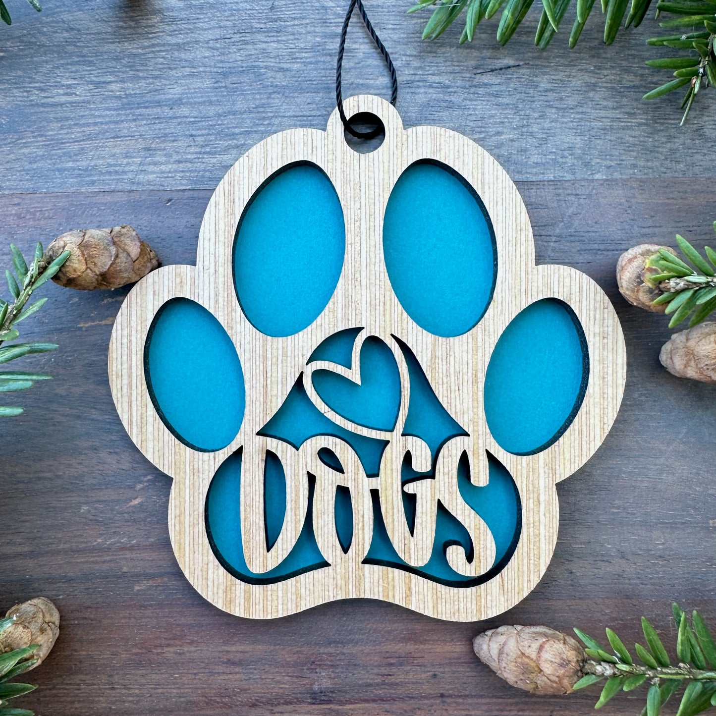 Heart Dogs Paw Wood Ornament - 7 Colors - 2 Sizes