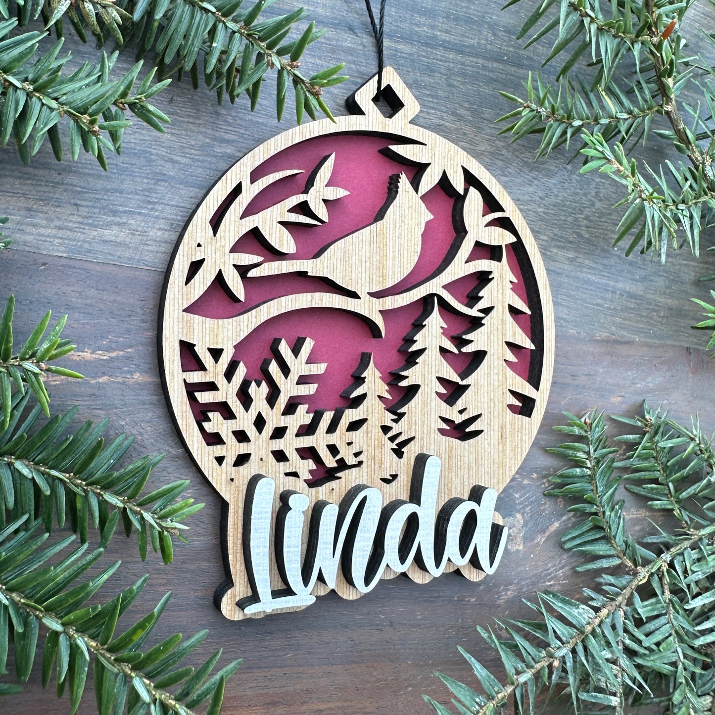 Personalized Cardinal Winter Wood Ornament with Name