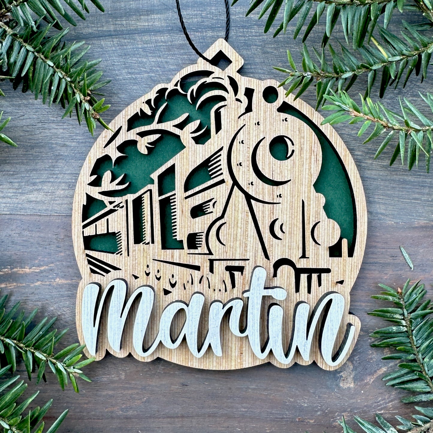 Personalized Stream Engine Train Wood Ornament with Name