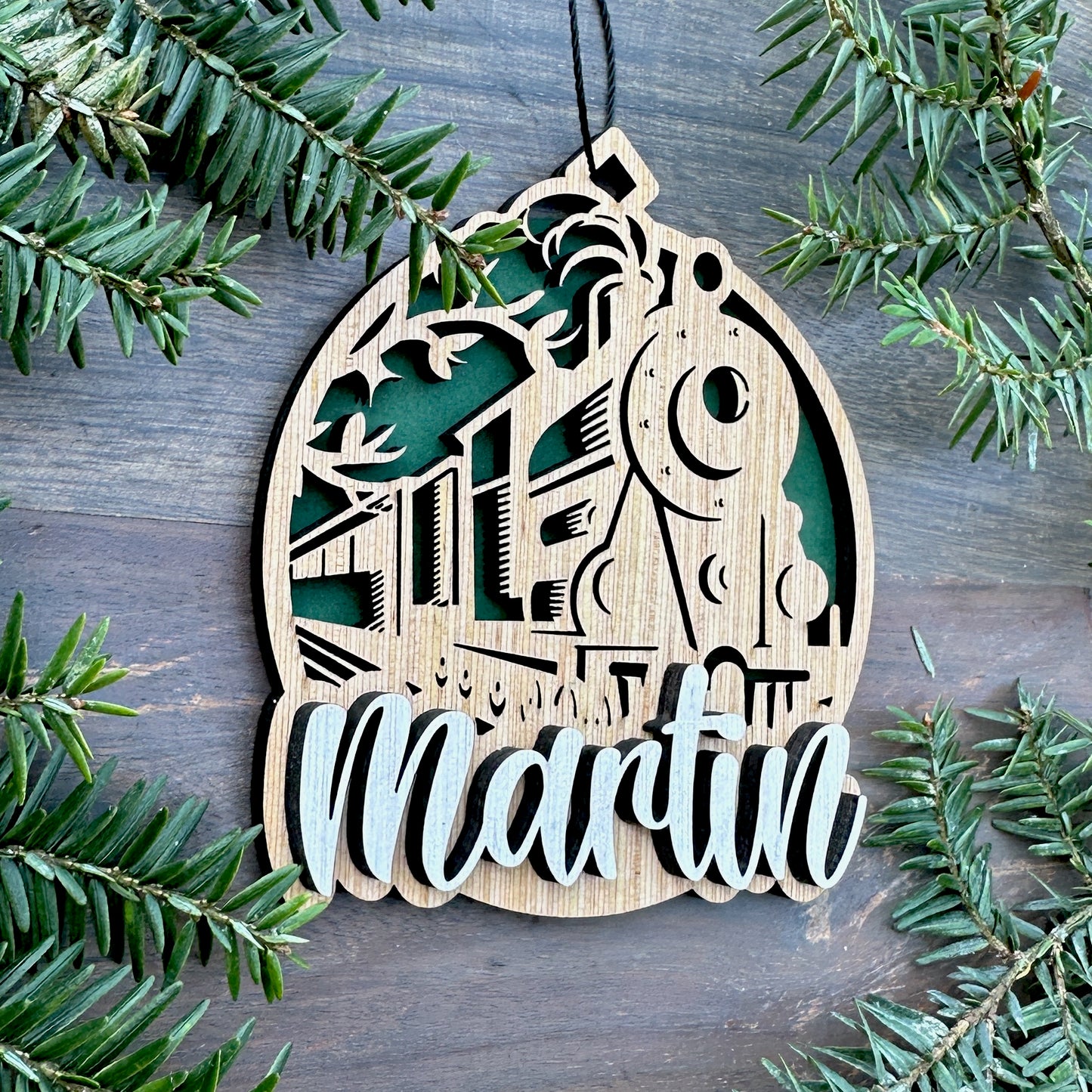 Personalized Stream Engine Train Wood Ornament with Name