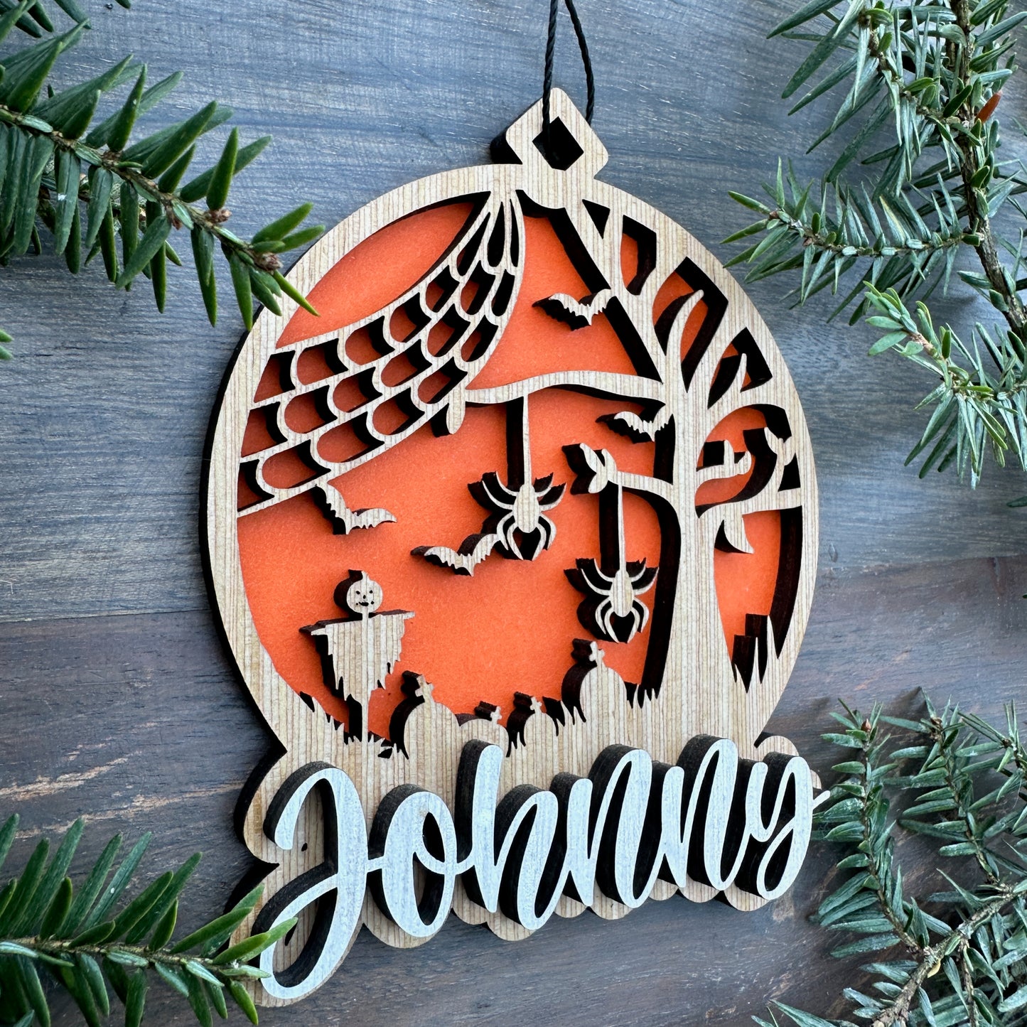 Personalized Halloween Spider Wood Ornament with Name
