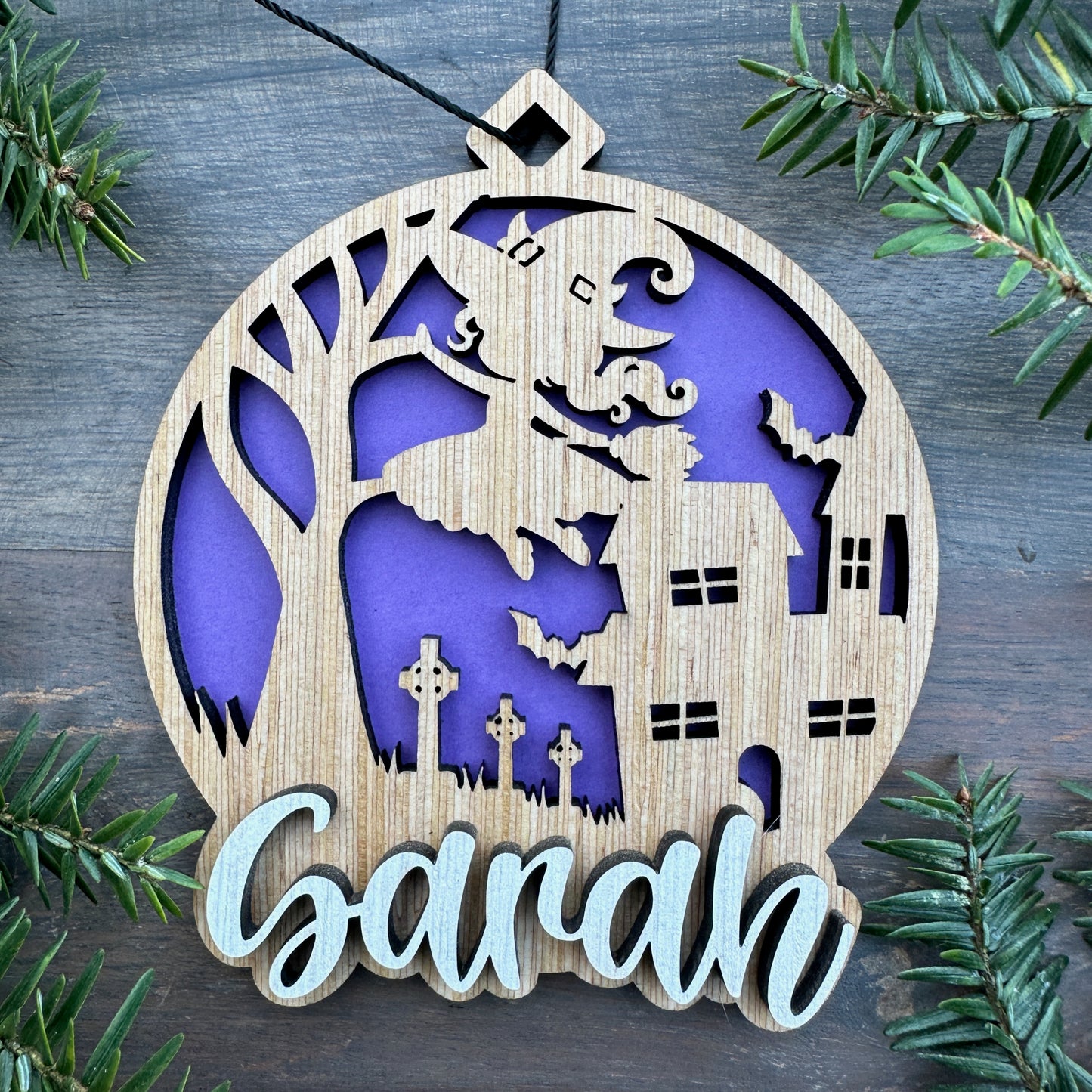 Personalized Halloween Witch Scene Wood Ornament with Name