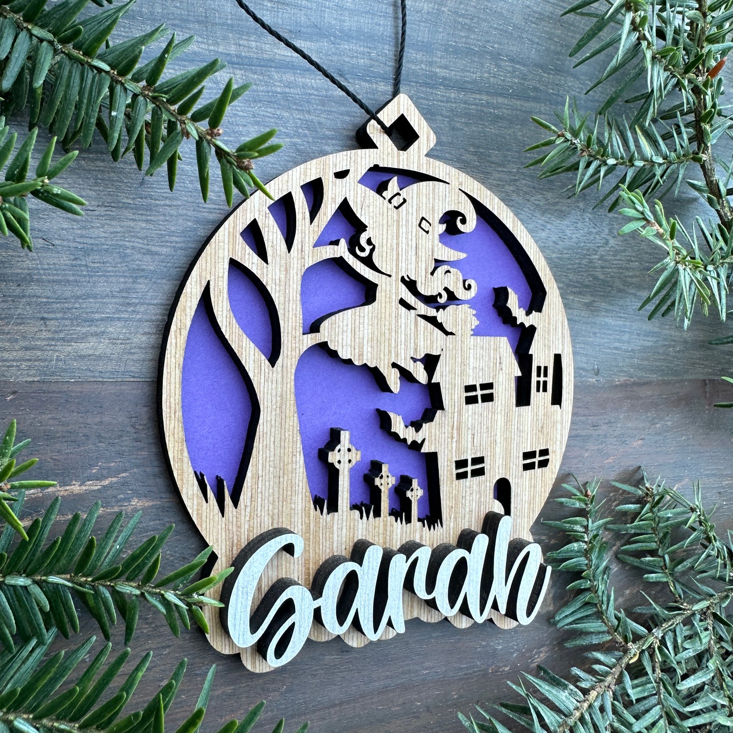 Personalized Halloween Witch Scene Wood Ornament with Name