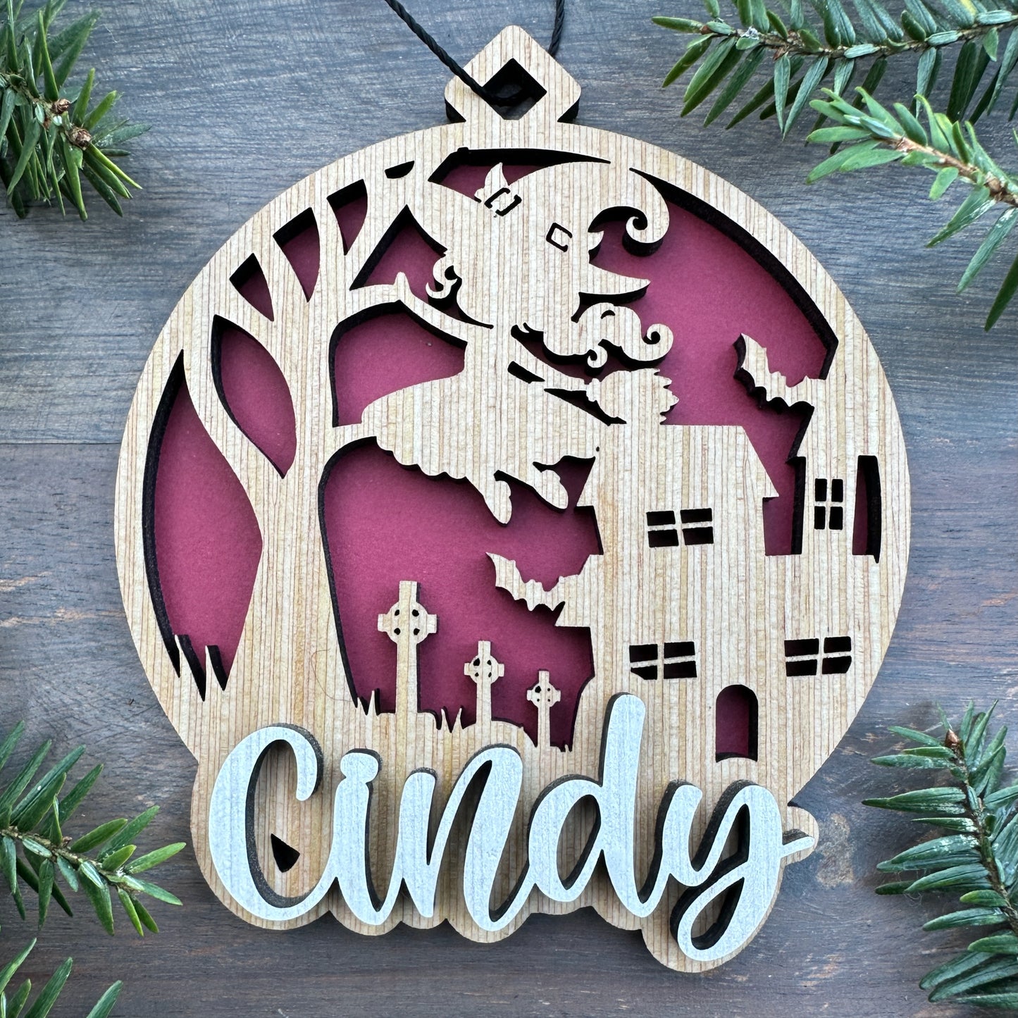 Personalized Halloween Witch Scene Wood Ornament with Name