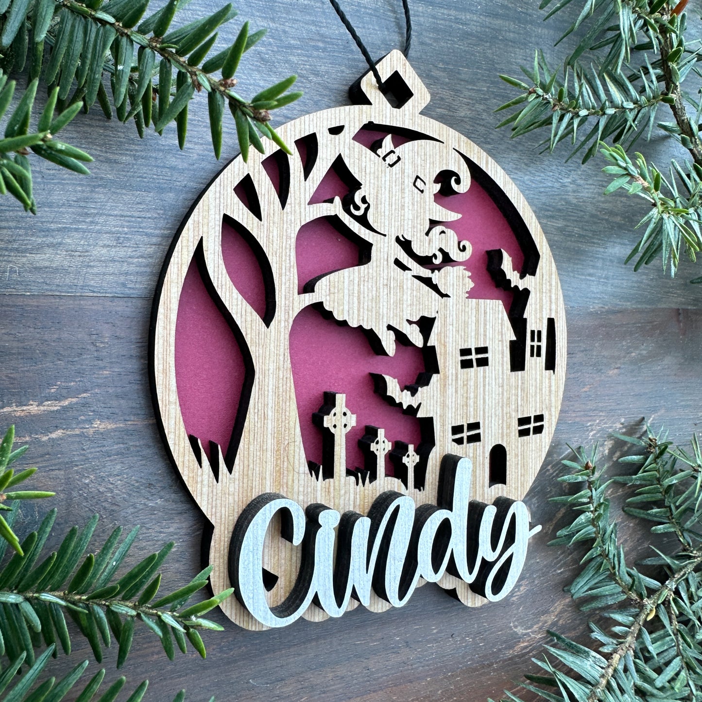 Personalized Halloween Witch Scene Wood Ornament with Name