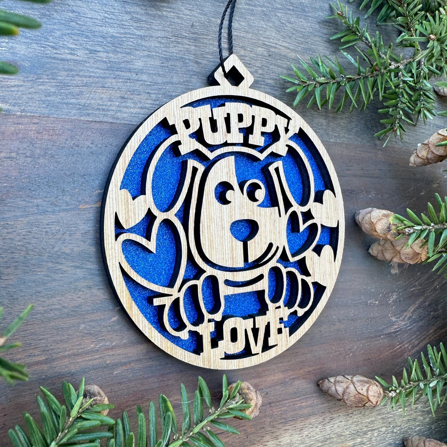 Puppy Love Wood Ornament - 7 Colors - 2 Sizes