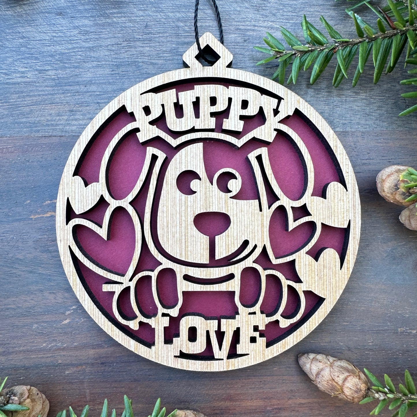 Puppy Love Wood Ornament - 7 Colors - 2 Sizes