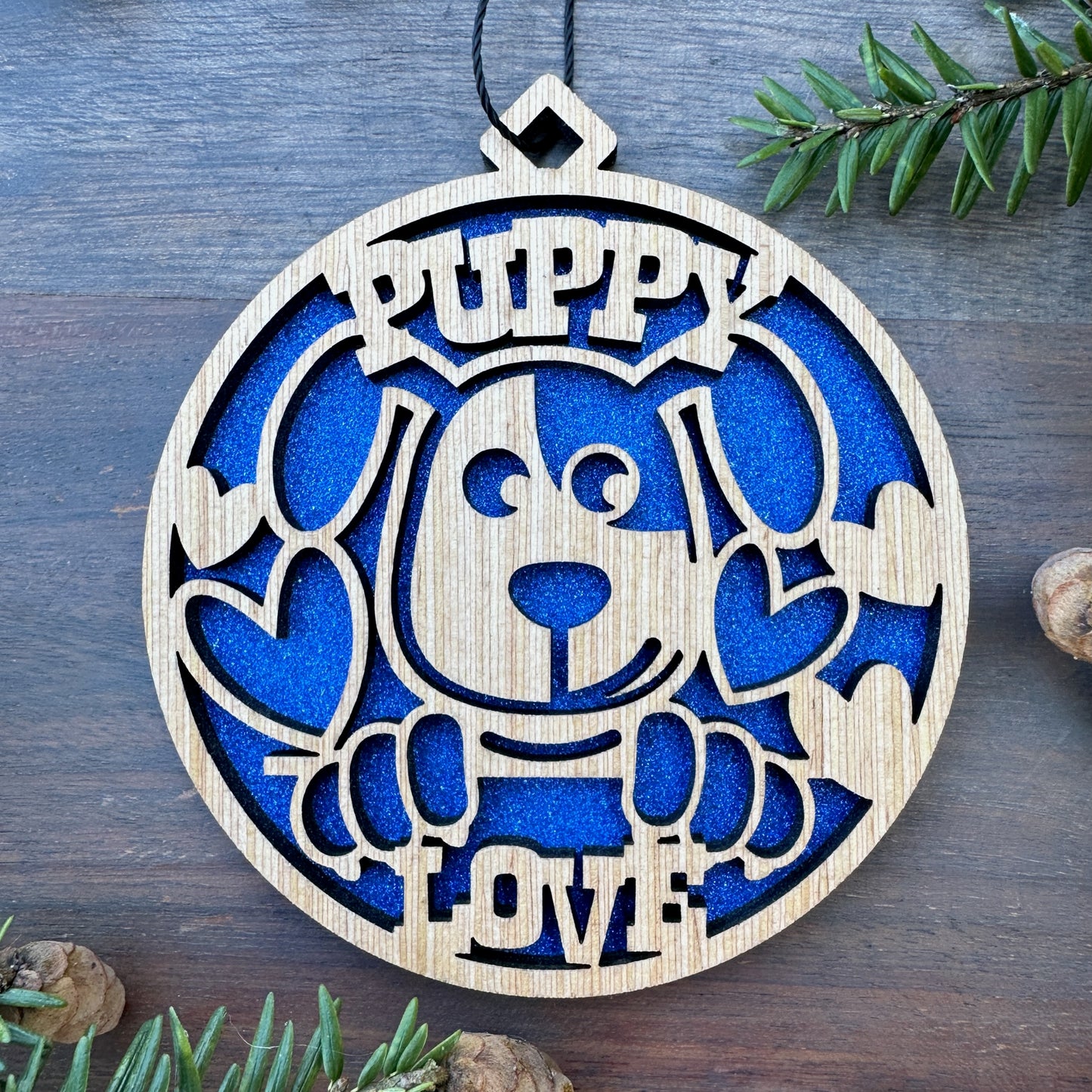 Puppy Love Wood Ornament - 7 Colors - 2 Sizes