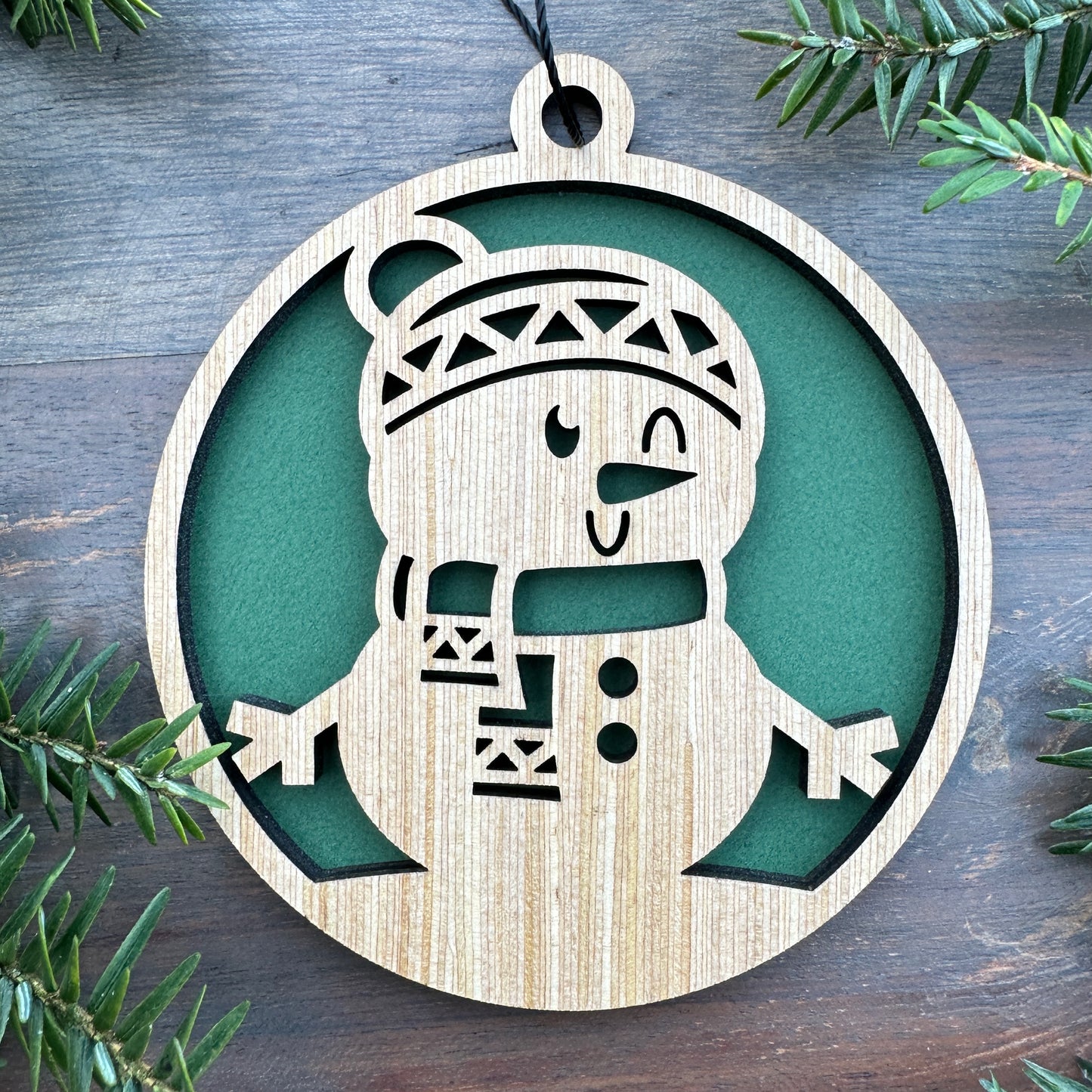 Snowman Winter Scene Wood Ornament