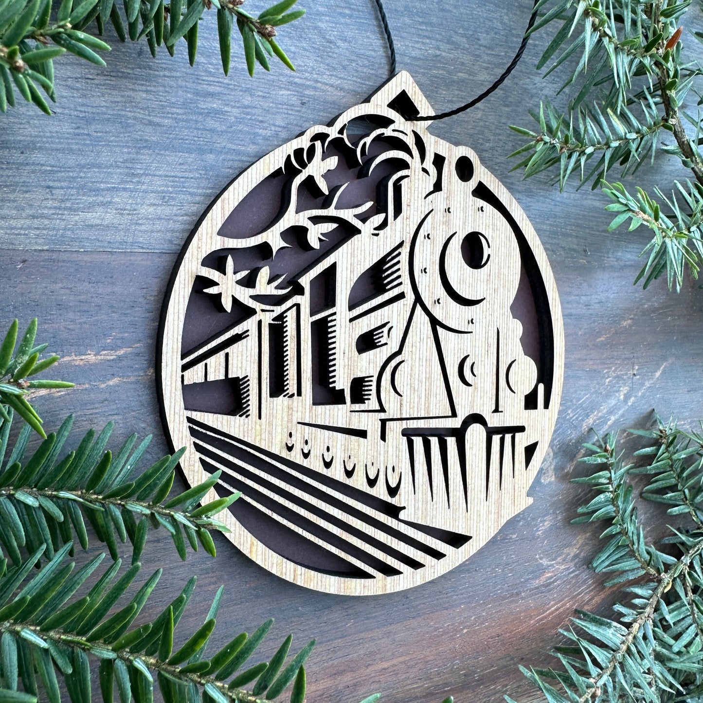 Steam Engine Scene Wood Ornament