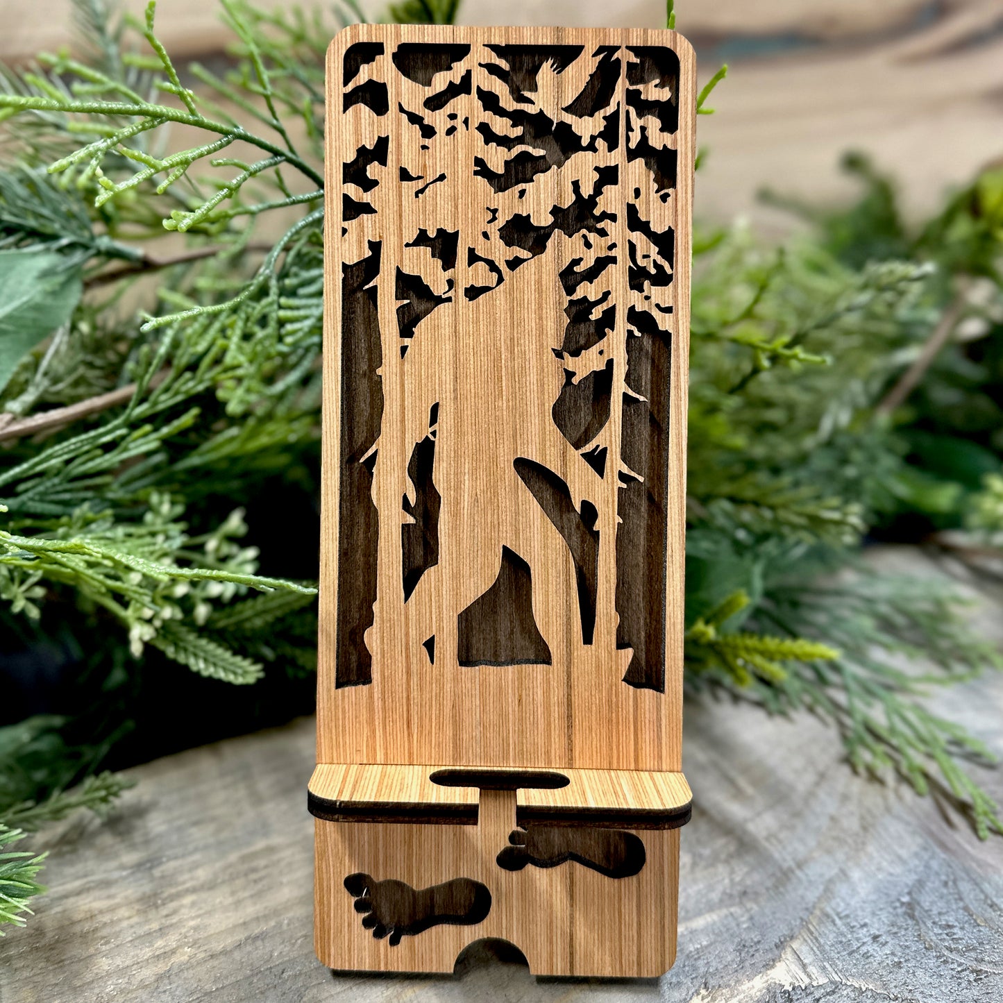 Wood Phone Stand and Decor - Bigfoot in Forest