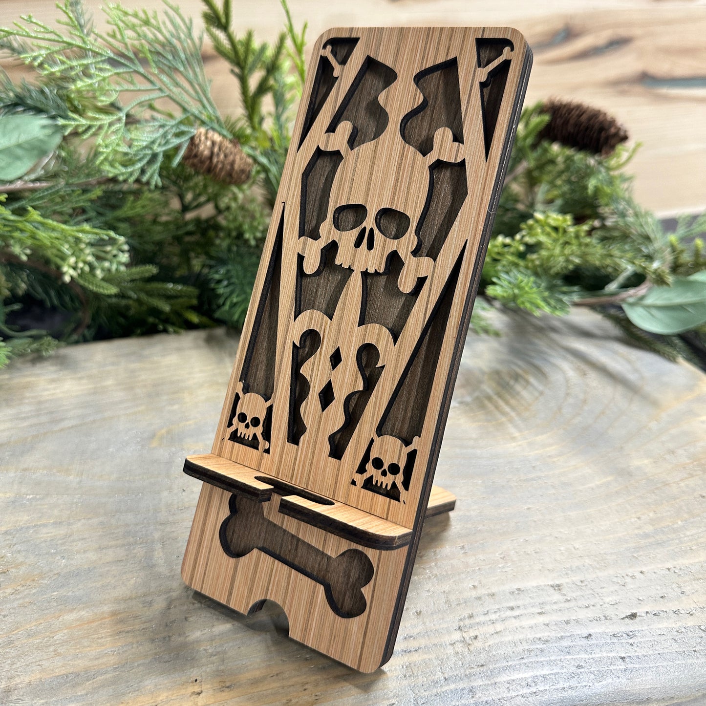 Wood Phone Stand and Decor - Skull, Crossbones and Casket Design