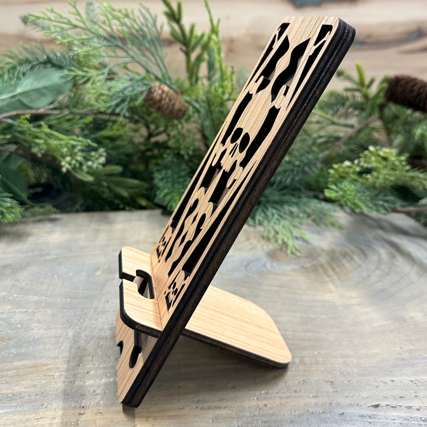 Wood Phone Stand and Decor - Skull, Crossbones and Casket Design