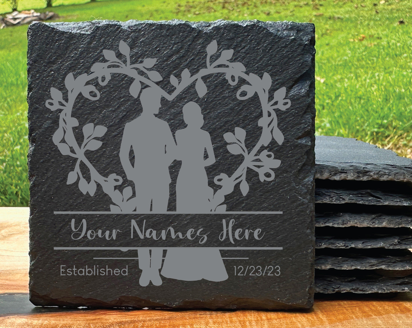 Personalized Bride & Groom Heart Slate Coaster