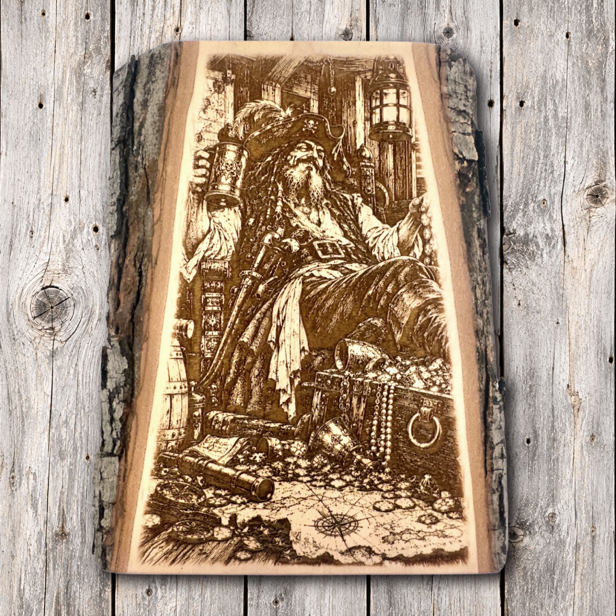 A weathered pirate captain surrounded by treasure chests, gold coins, and nautical relics. This detailed engraving captures the adventurous spirit of legendary pirates and hidden treasure.
