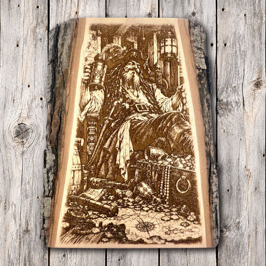 A weathered pirate captain surrounded by treasure chests, gold coins, and nautical relics. This detailed engraving captures the adventurous spirit of legendary pirates and hidden treasure.