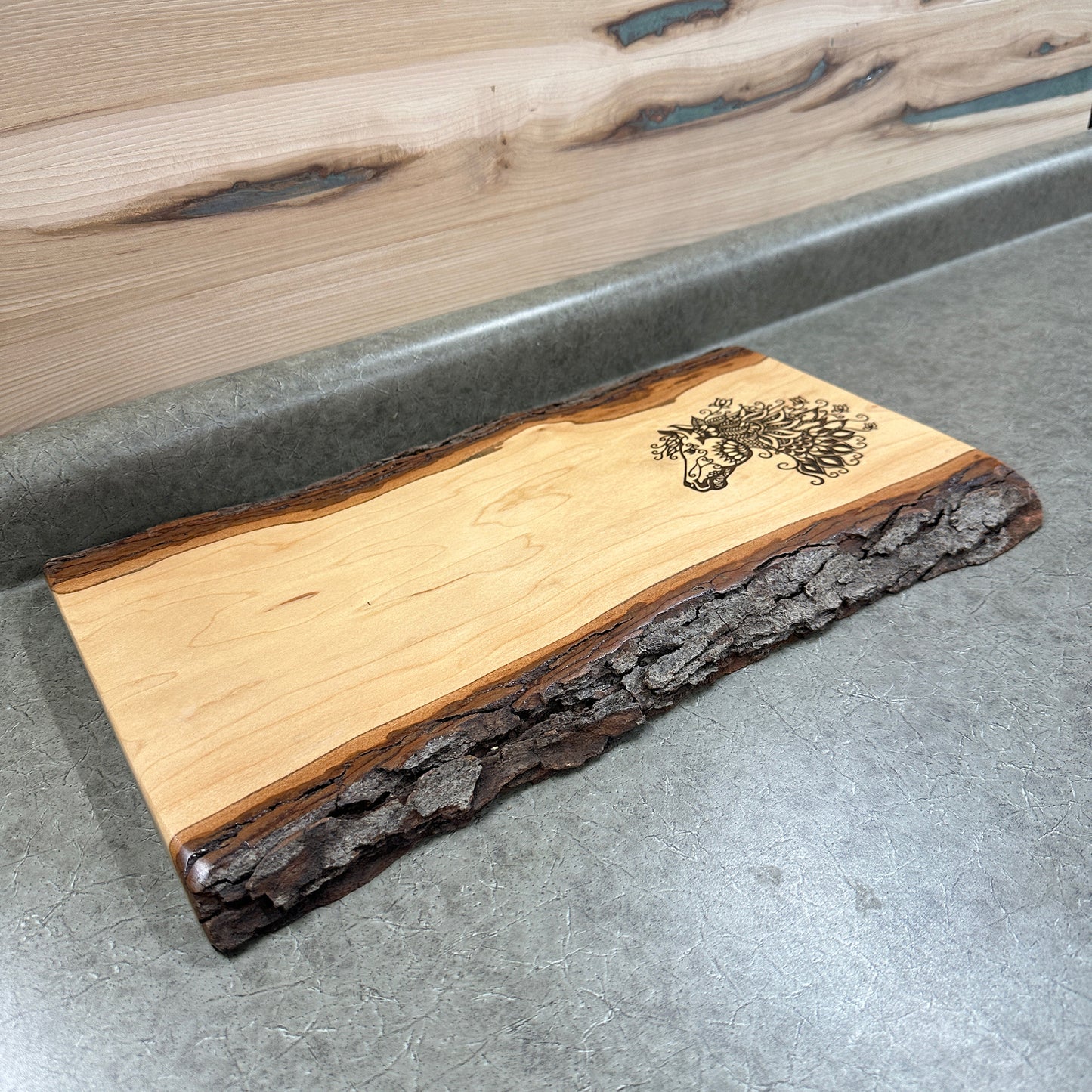 Cherry Live Edge Base with Horse Engraving