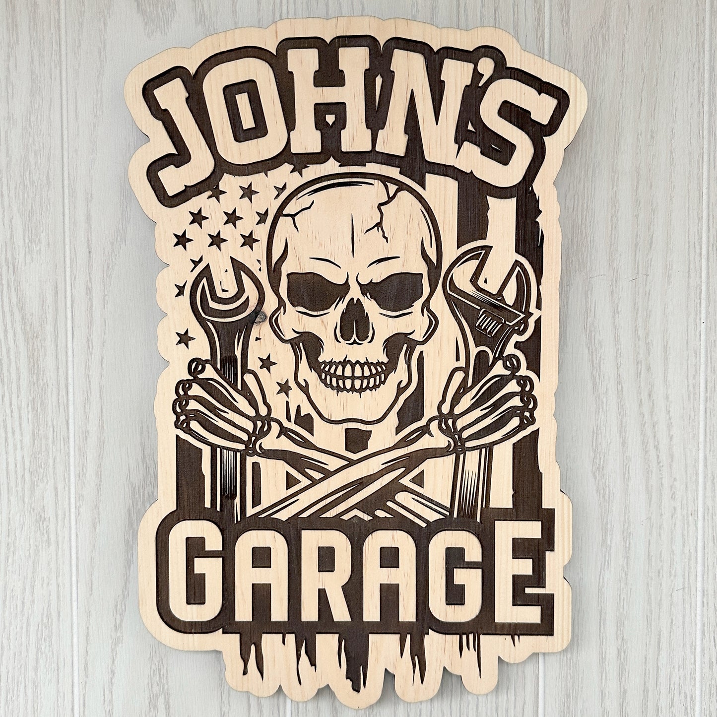 Custom Personalized Skull and Wrench Car Garage Sign