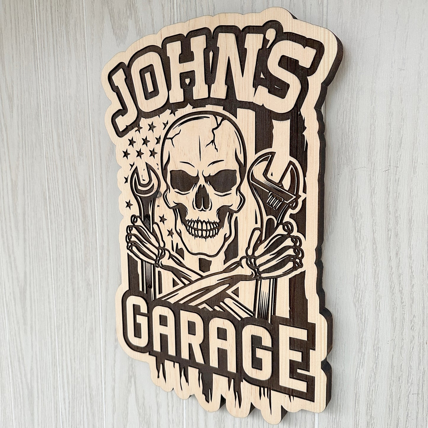 Custom Personalized Skull and Wrench Car Garage Sign