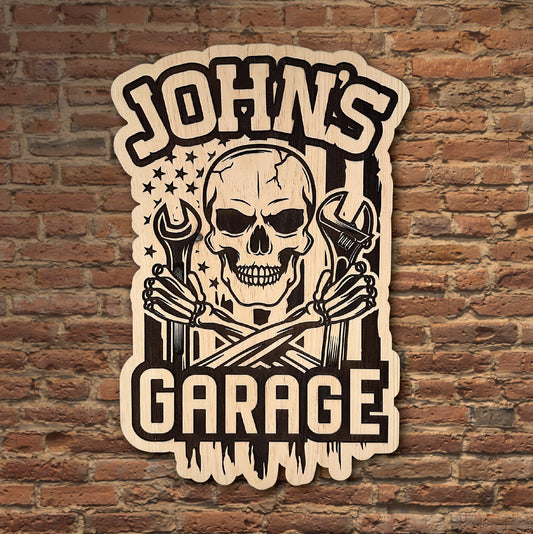 Custom Personalized Skull and Wrench Car Garage Sign