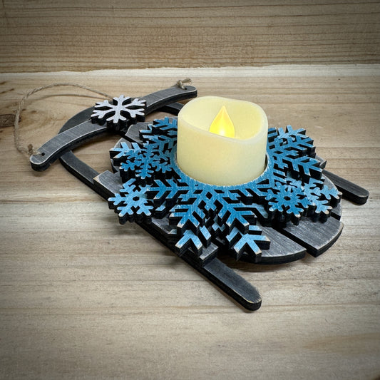 Rustic Christmas Sled candle holder with Realistic LED Candle