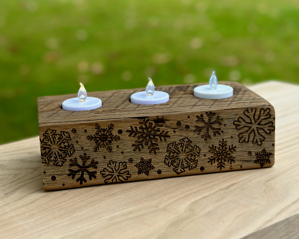 Snowflake Engraved Barn Wood Candle Holder