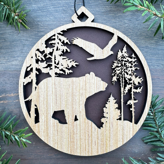 Black Bear Scene Wood Ornament