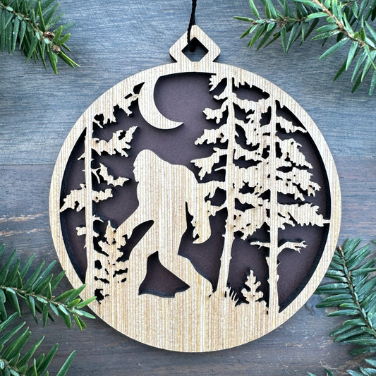 Bigfoot Forest Scene Wood Ornament with Name