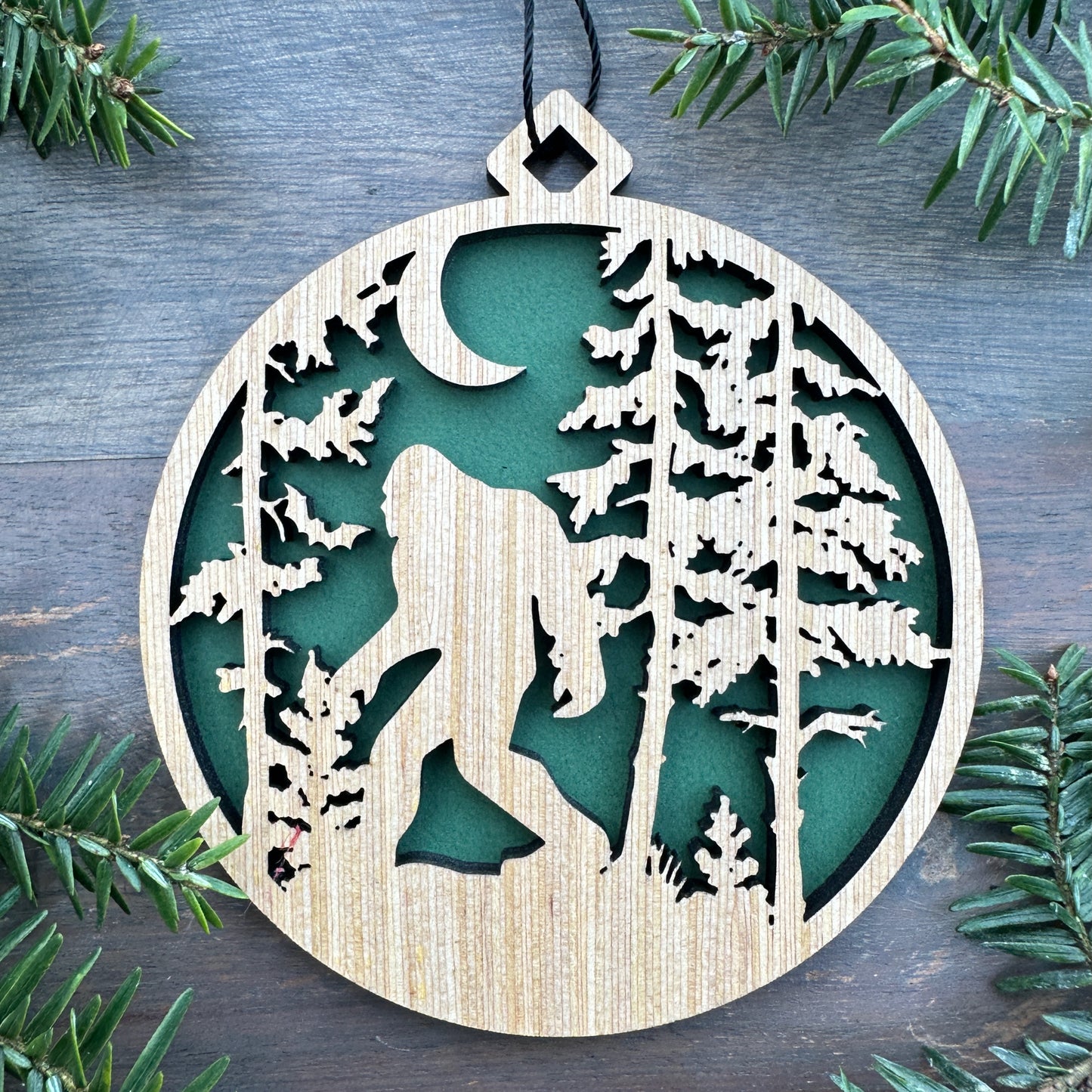 Bigfoot Forest Scene Wood Ornament with Name