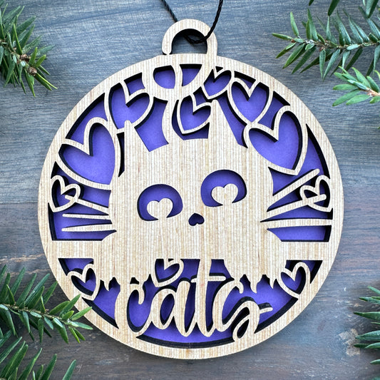 Cat Hearts Wood Ornament