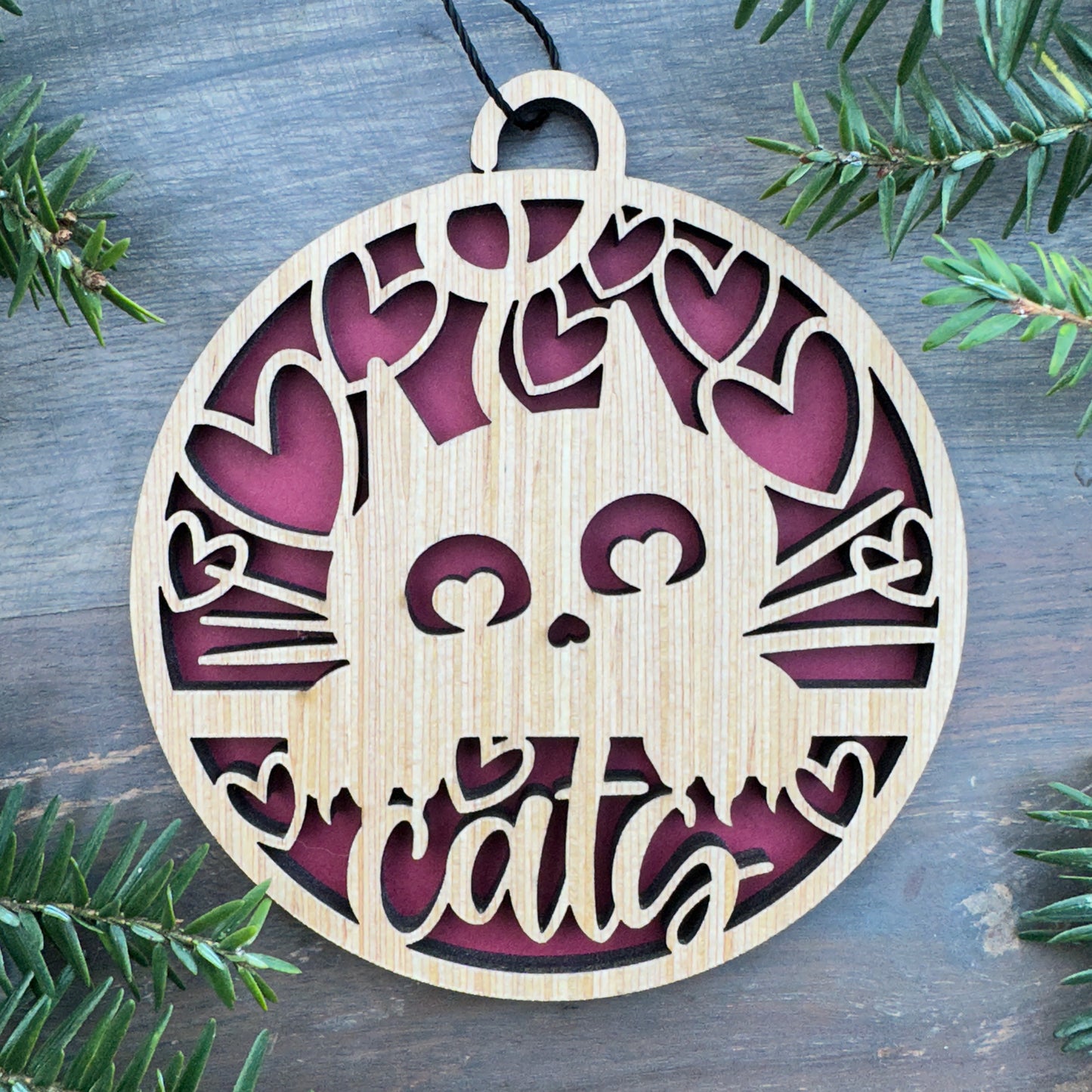 Cat Hearts Wood Ornament