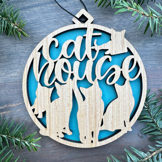 Fun Cat House Wood Ornament with Lots of Cats