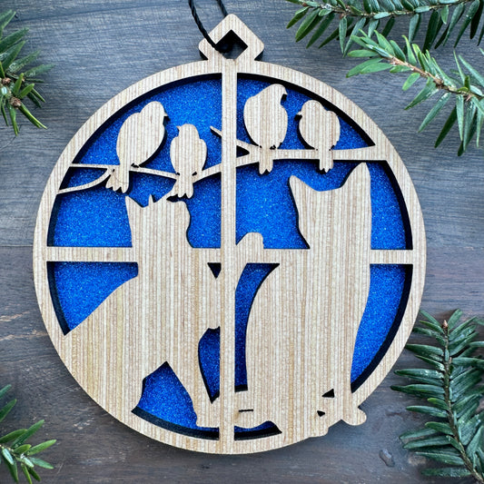 Cat in Window with Birds Wood Ornament