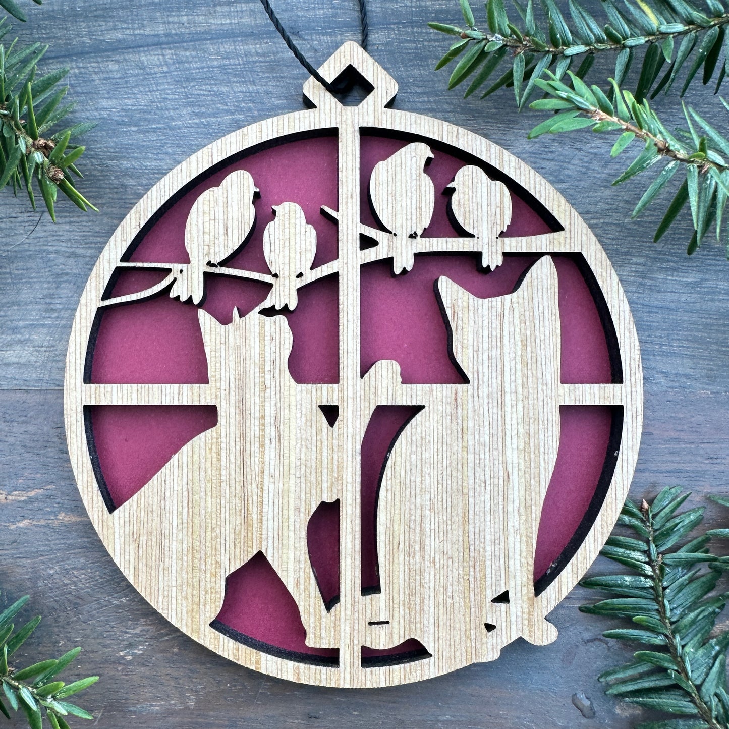 Cat in Window with Birds Wood Ornament