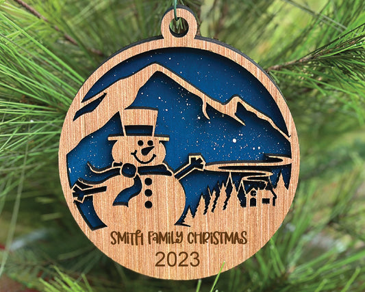 Personalized  Mountain Snowman Ornament