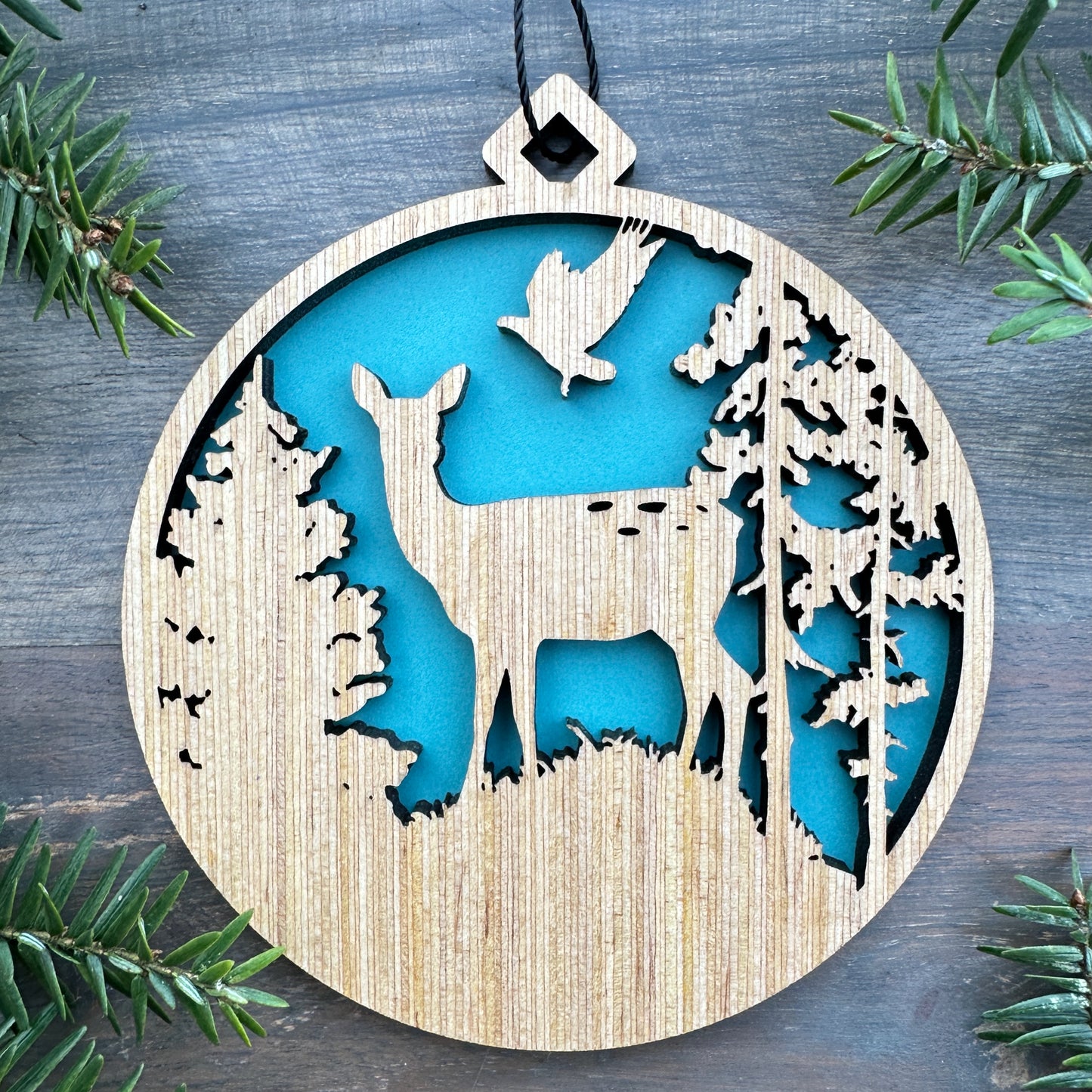 Doe Forest Scene Wood Ornament with Name